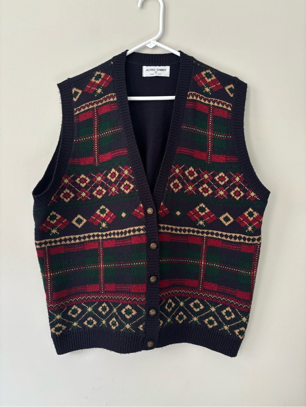Vintage Cottage Retro Navy Blue Multicolor Geometric Knitted Grandpacore XL Vest